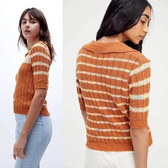 FREE PEOPLE 70s Cropped V-Neck Chunky Knit Striped Short Sleeve Henley Sweater S - Picture 3 of 14